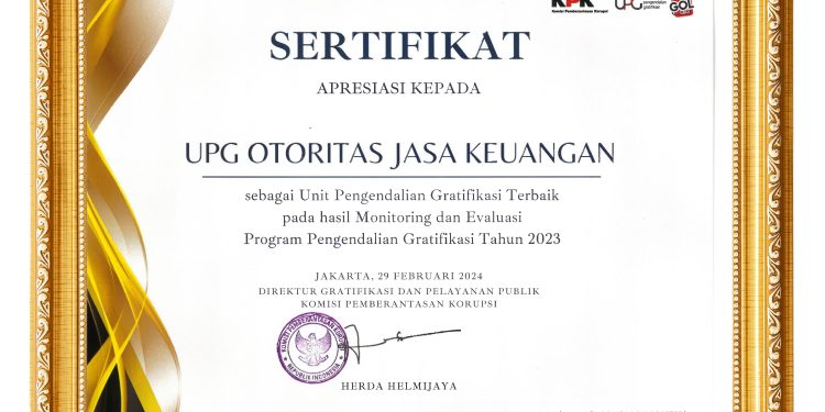 OJK Raihan Penghargaan Pengendalian Gratifikasi Terbaik Nasional