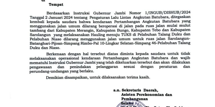 Pemprov Jambi Keluarkan Penegasan Soal Angkutan Batubara Dilarang Lewat Jalan Umum
