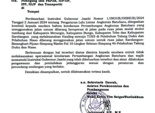 Pemprov Jambi Keluarkan Ingub Aturan Larangan melintas Armada batu Bara di Jalan Nasional