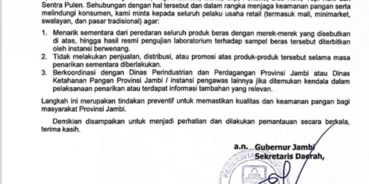 Tim Satgas Pangan Jambi Tarik dari Peredaran Tujuh Merk Beras Disinyalir Oplosan