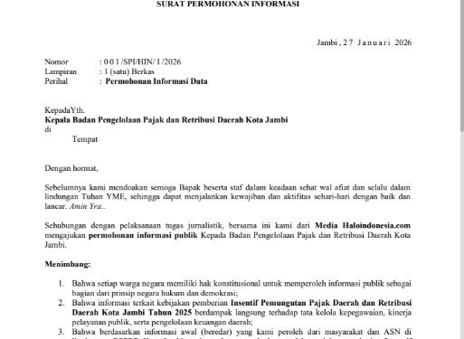 Dugaan Diskriminasi Insentif Pajak, Media Haloindonesianews.com Surati BPPRD Kota Jambi
