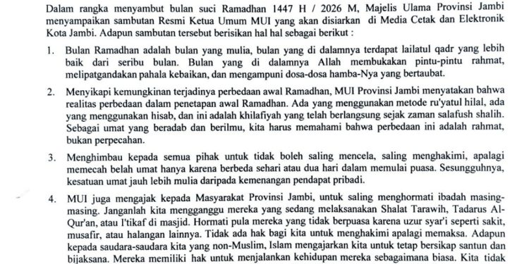 Sambut Ramadhan 1447 H, MUI Jambi Ajak Umat Jaga Persatuan di Tengah Potensi Perbedaan Awal Puasa