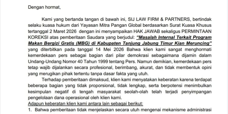 Melalui Kuasa Hukumnya, Yayasan Mitra Pangan Global Layangkan Hak Jawab Terkait Program MBG di Tanjabtim 