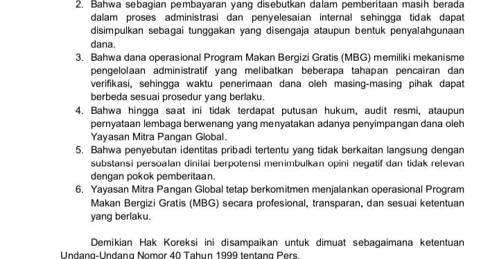 Yayasan Mitra Pangan Global Gunakan Hak Koreksi Terkait Pemberitaan Program MBG, Ini Poin Klarifikasinya