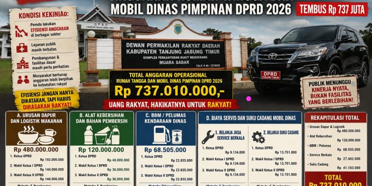 Waduh,Ditengah Efisiensi Anggaran Daerah, Anggaran Rumah Tangga dan Mobil Dinas Pimpinan DPRD Tanjabtim Tahun 2026 Tembus Rp 737 Juta