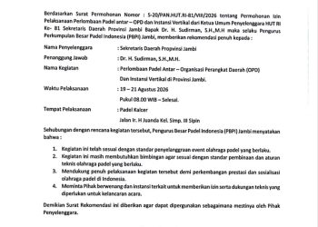 PBPI Jambi Keluarkan Rekomendasi Perlombaan Padel Antar-OPD dalam Rangka HUT RI ke-81