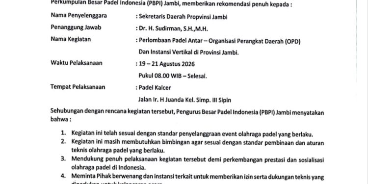 PBPI Jambi Keluarkan Rekomendasi Perlombaan Padel Antar-OPD dalam Rangka HUT RI ke-81